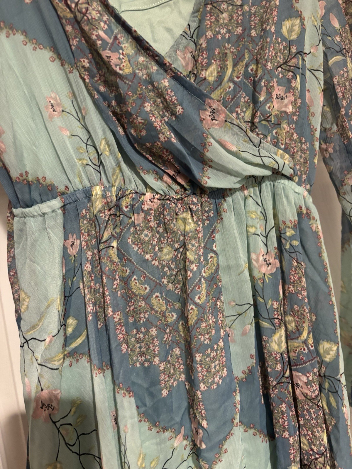 Wonderly Midi Dress Sheer Asymmetrical Hem Boho Flirty Blue Floral Medium