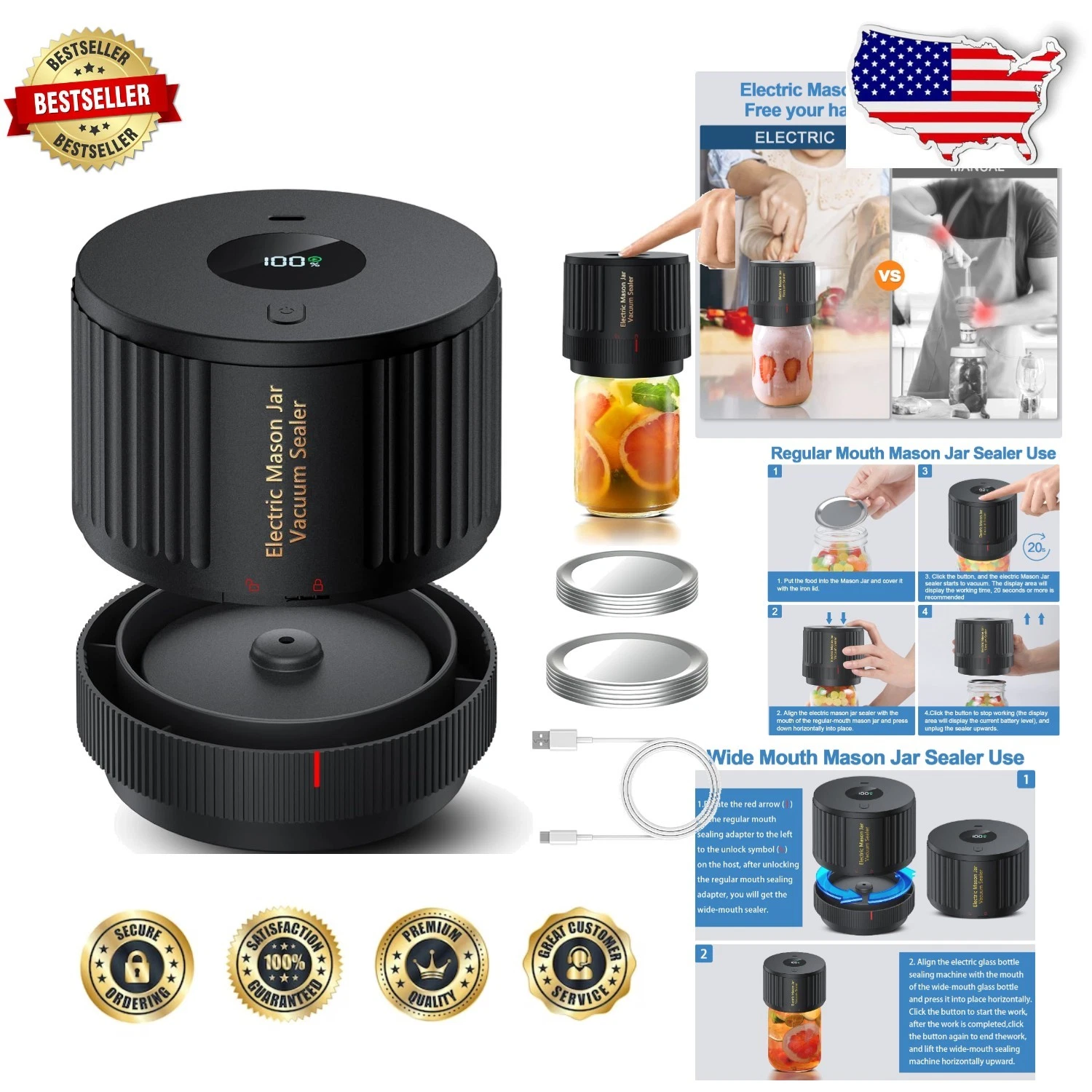 Cordless Electric Jar Sealer Kit, Wide/Regular Mouth, 10 Lids, Food Preservation