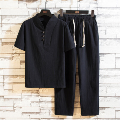 Men Cotton Linen Shirt and Ankle Length Pants Set shirt Trousers Outfit  Black | eBay