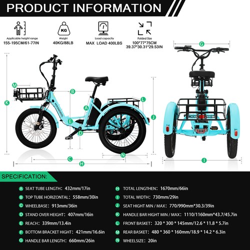 MOPHOTO 750W Folding Electric Bike With Backrest 20'' Fat Tire 48V 14.5AHBattery - Picture 35 of 48