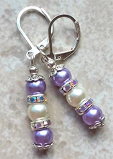 LAVENDER WHITE Glass Pearl AB CRYSTAL earring SP LEVER BACK artisan XX