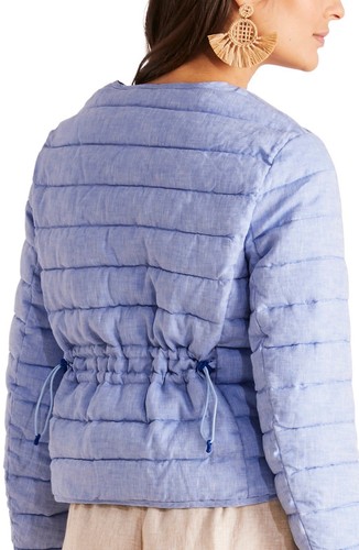 Vineyard Vines Puffer Jacket Womens Medium Blue Linen Lightweight Snap - Picture 3 of 15