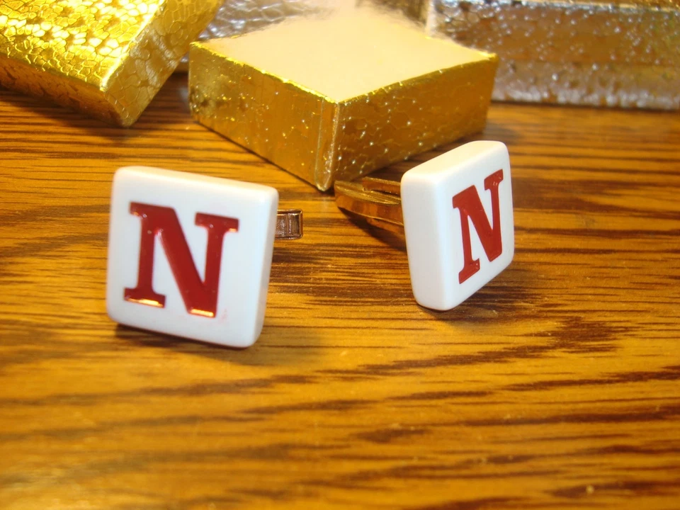 " N " Monogram Letter Initial SILVER Plated Cufflinks 1 Pair (Two) Red/White - Image 3 of 4