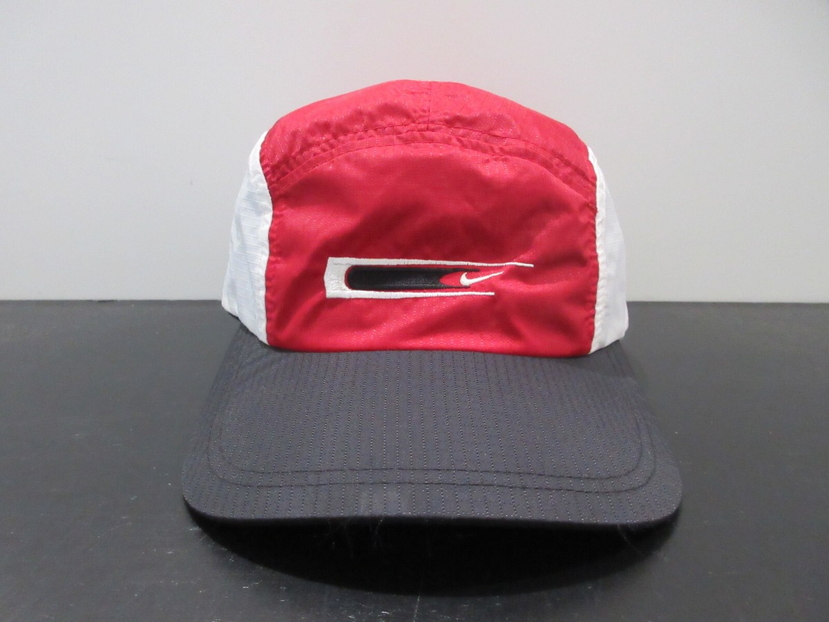 VINTAGE Nike Hat Cap Strap Back Red Black Swoosh Nylon Panel