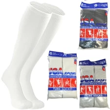 3,6,12 Pairs Men Athletic Sports Cotton Tube Socks Size 9-15 White Black Gray