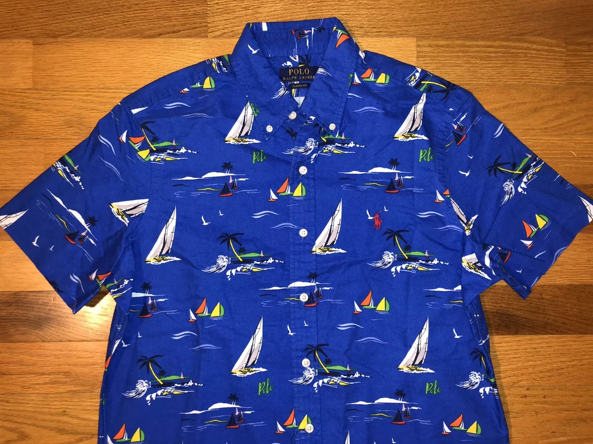 New M Polo Ralph Lauren Caldwell Hawaiian Blue Shirt Rayon Sail Boats  Swordfish