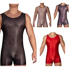Sexy Men Stretchy Bodysuit Boxers Underwear Sleeveless See-through Underwear