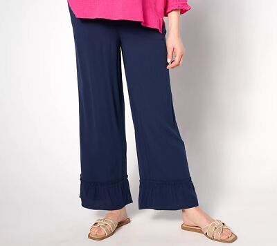 Denim Beach Regular Woven Crepe Ruffled Pants Navy L New
