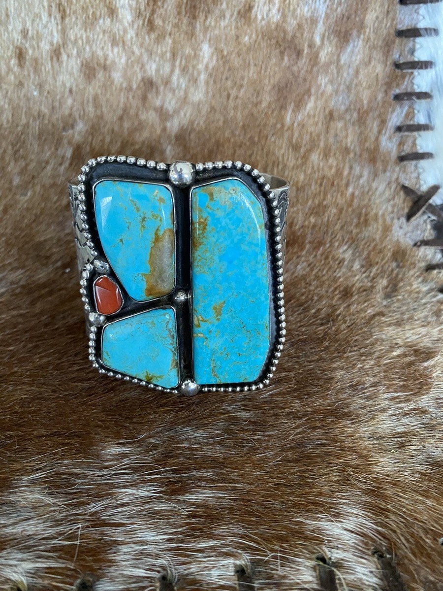Tremendous Vintage Native American Navajo Turquoise Coral Chunk Sterling Silver Bracelet Tremendous Vintage Native American Navajo Turquoise Coral Chunk Sterling Silver Bracelet
