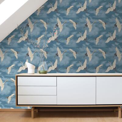 Japanese Cranes Wallpaper Metallic Birds Elegant Catherine Lansfield 206513 Blue
