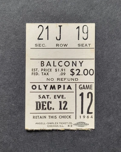 Red Wings vs Blackhawks 1964 hockey ticket stub Bobby Hull & Ted Lindsay goals