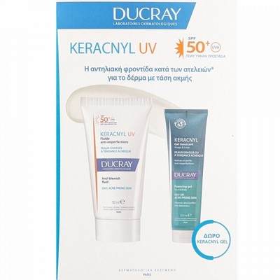 Ducray Keracnyl Fluid Liquid Sunscreen,Acne-Prone Skin SPF50+Cleansing Gel 100ml