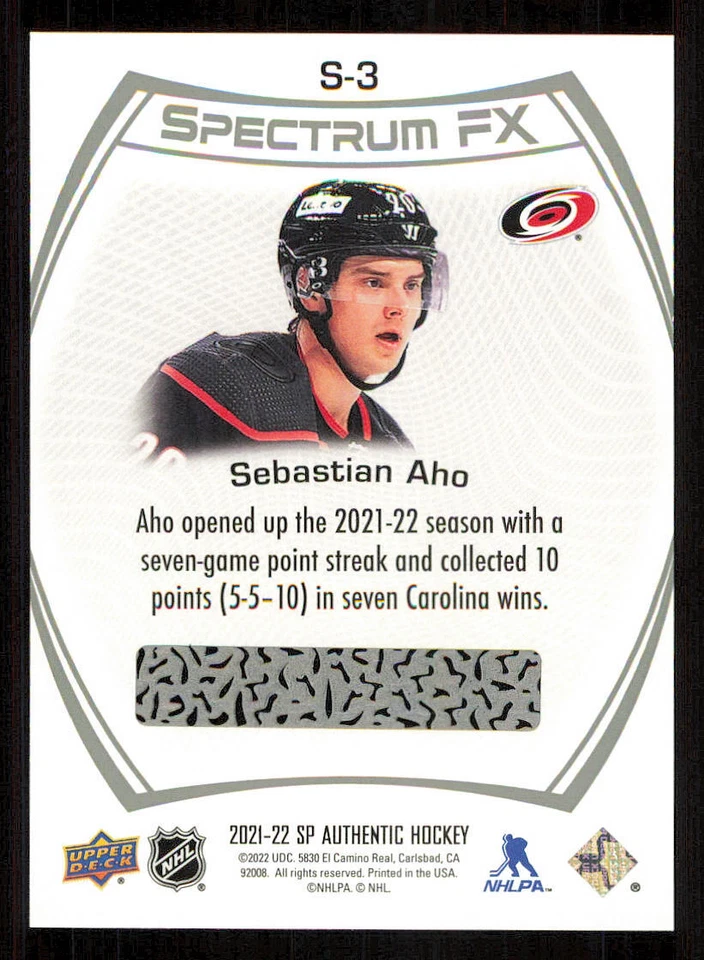 2021-22 SP Authentic Spectrum FX #S3 Sebastian Aho - Image 2 of 2