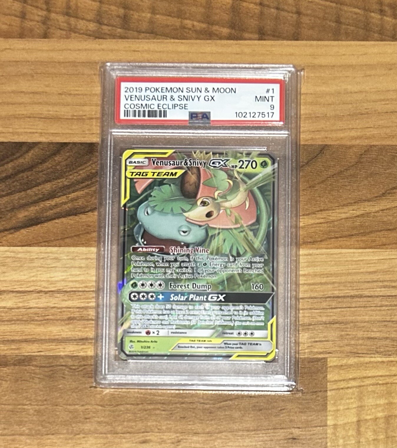 Venusaur & Snivy GX - 1/236 - Tag Team - Cosmic Eclipse - [PSA 9]