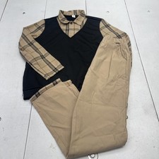SHEIN Sweater Pants Set Boys 10-12 Beige Plaid Flannel Layered 2 Piece Outfit