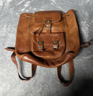 Vera Pelle Brown Backpack Made in Italy Drawstring Buckle Flap Zip