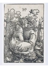 Gravure originale XVIe, Hans Sebald BEHAM Couple d’amoureux devant une barrière.