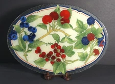 Vintage Peggy Karr Fused Glass Oval Platter Cottage Berries Rare HTF Pattern