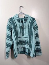 Baja Hoodie Drug Poncho Pullover - Teal Green Striped Woven Boho Hippie-Medium