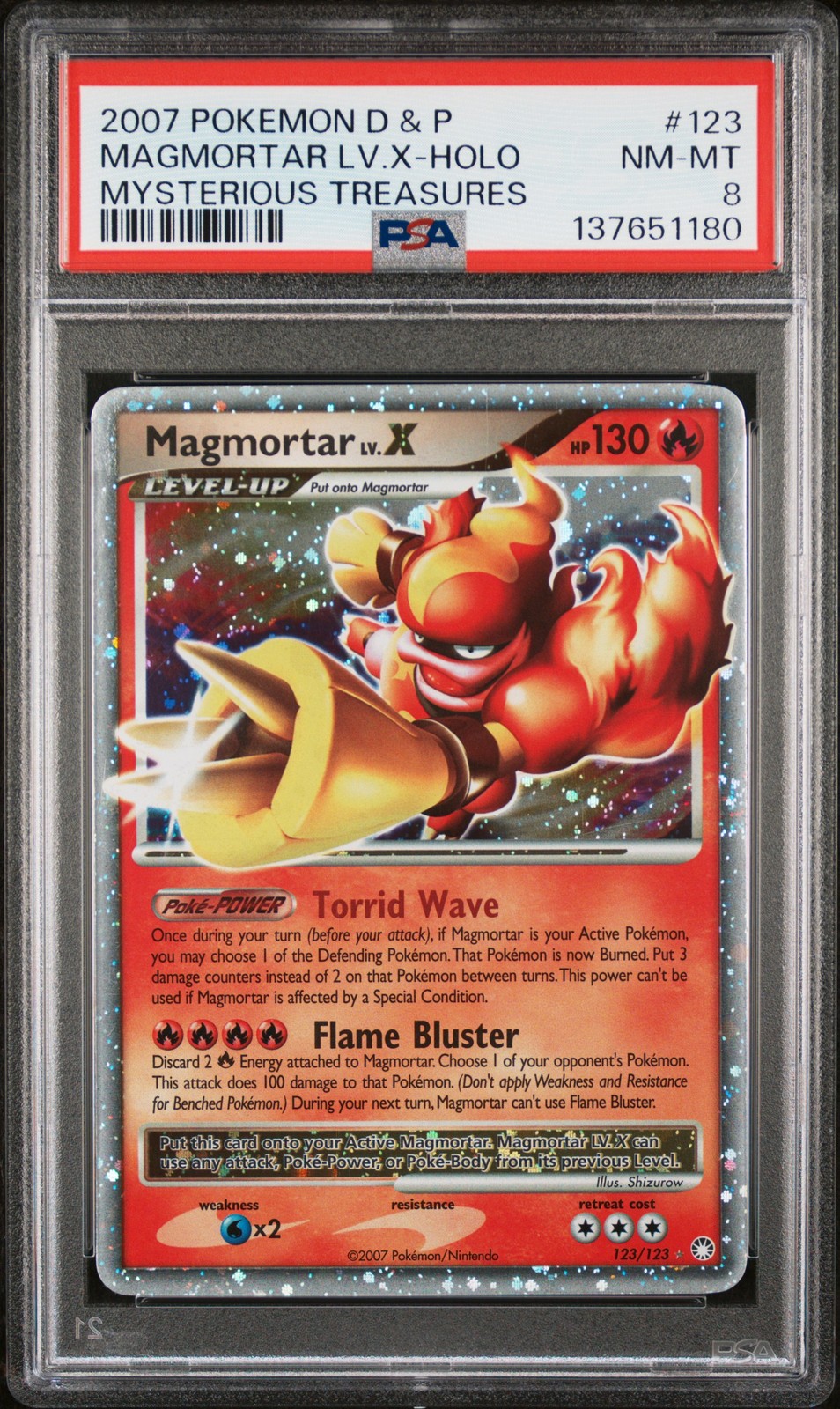 2007 POKEMON DIAMOND & PEARL MYSTERIOUS TREASURES #123 MAGMORTAR LV.X-HOLO PSA 8