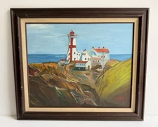 Vintage Framed Oil Painting Lighthouse By The Ocean & Cliffs- Signed A. Mason