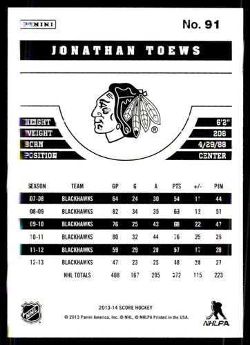 2013-14 Score Jonathan Toews Chicago Blackhawks #91 - Picture 2 of 2
