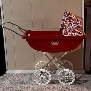 Vintage Red & White PRAM Baby Carriage Stroller with vinyl Canopy, Metal/Plastic