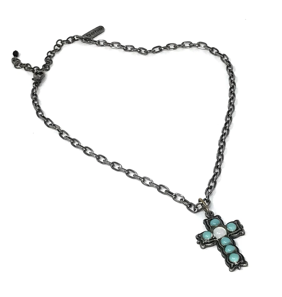 Collar BEBE Tono Plata Imitación Turquesa Cruz Colgante Doble Cara Grabado Boho Foto 2 de 4