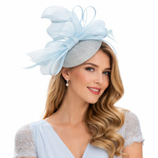Women's Pillbox Fascinator Hat with Bow & Feather, Headband & Clip Fastening