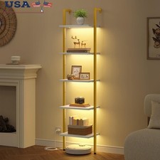 5 Tier Ladder Shelf W/ Adjustable Light Space Saving Wall Mounted Bookcase New