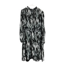 Simply Vera Wang XL Ruffle Neck Dress Black White Abstract Tie Waist Midi