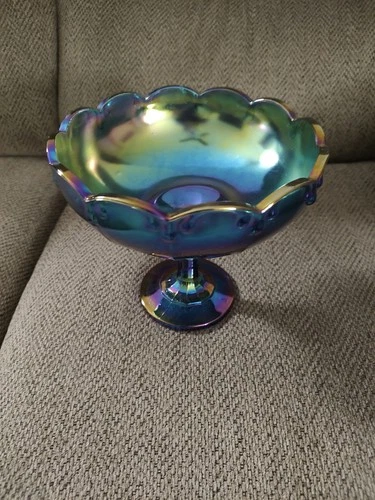 Vintage Indiana Glass Pedestal Bowl Carnival Glass Peacock Blue Garland 7.5”