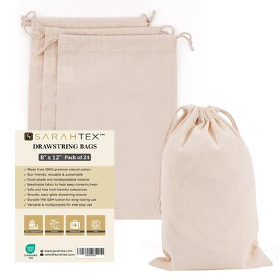 8'' x 12'' Premium Cotton Drawstring Bag 24 Pack, 140 GSM Reusable Pouch for Cl...