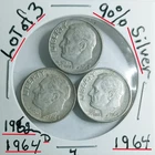 Lot of 3 Roosevelt Dimes 90% Silver1962-D 2-1964 VG Condition Look@ & Judge them