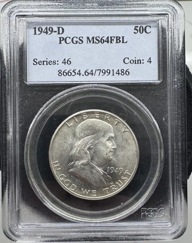 1949D- MS64 FBL- PCGS Certified- BU Franklin Half Dollar- Full Bell Lines - MS64