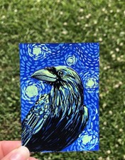 ACEO Original Art Card “Starry Night Raven” Black Bird Crow By Emily Alaine 