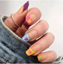 24 Square French tip Heart Press on nails kit multi color rainbow love glue on