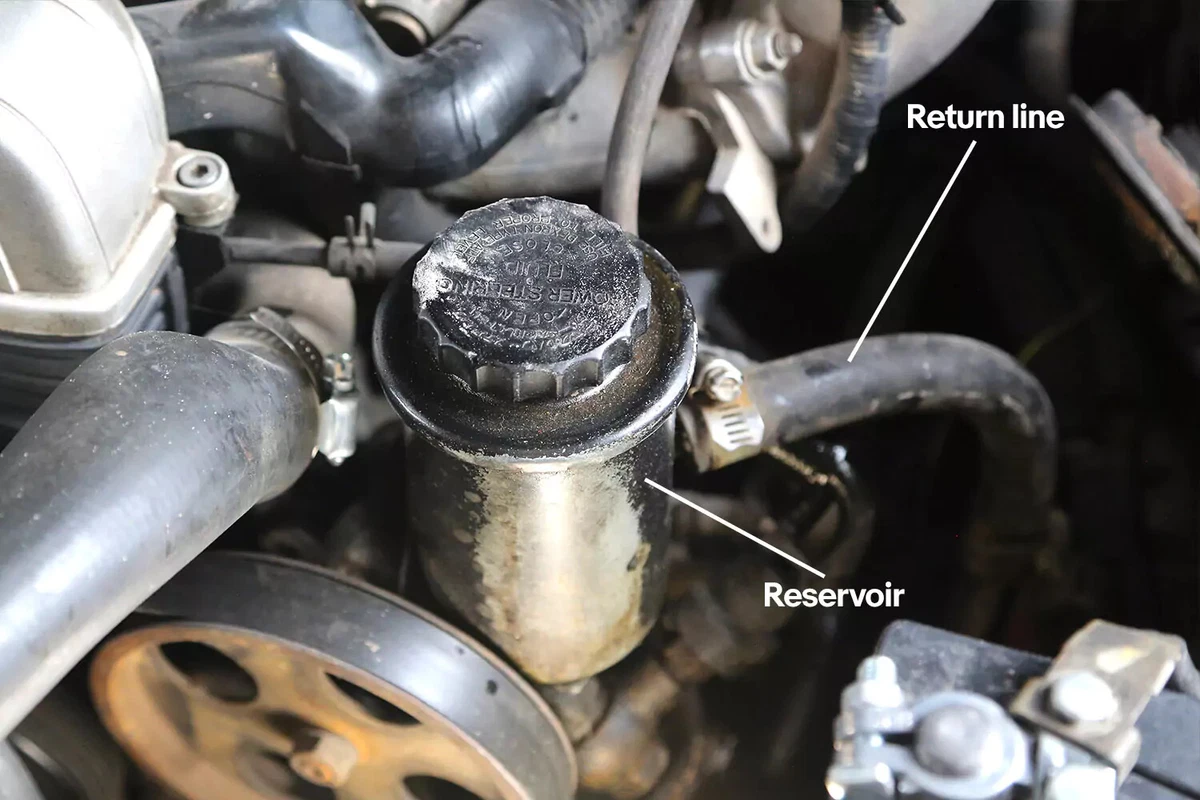 A vehicle's power steering fluid reservoir and return line.