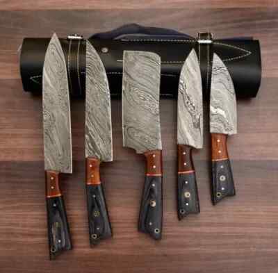 Handgemachtes Damaststahl-Kochmesser-Set 5-tlg. Küchenmesser-Set Lederbezug