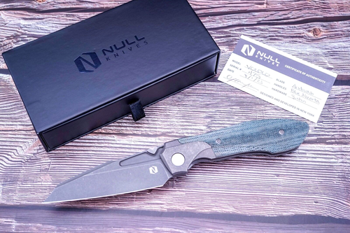 Null Knives Voodoo, Acidwashed M390, Acidwashed Titanium W/Blue Micarta Scales