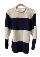Eddie Bauer Women's Medium Petite White  Blue Cotton Knit Pull-Over Sweater