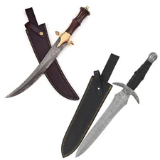 Medieval Damascus Steel Dagger Tempered Blade Full Tang w/ Leather Sheath