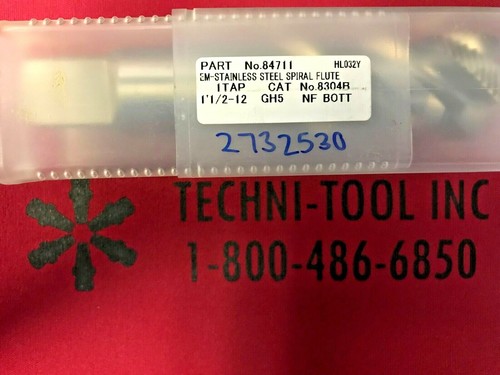 Greenfield 1 1/2-12 X 6 1/2 OAL NF GH5 HSS Spiral 4FL Bottoming Tap 2732530 - Picture 2 of 2