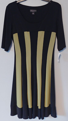Connected Apparel Dress Womens 12 Black Olive Green Stripe Fit Flare Stretch NEW
