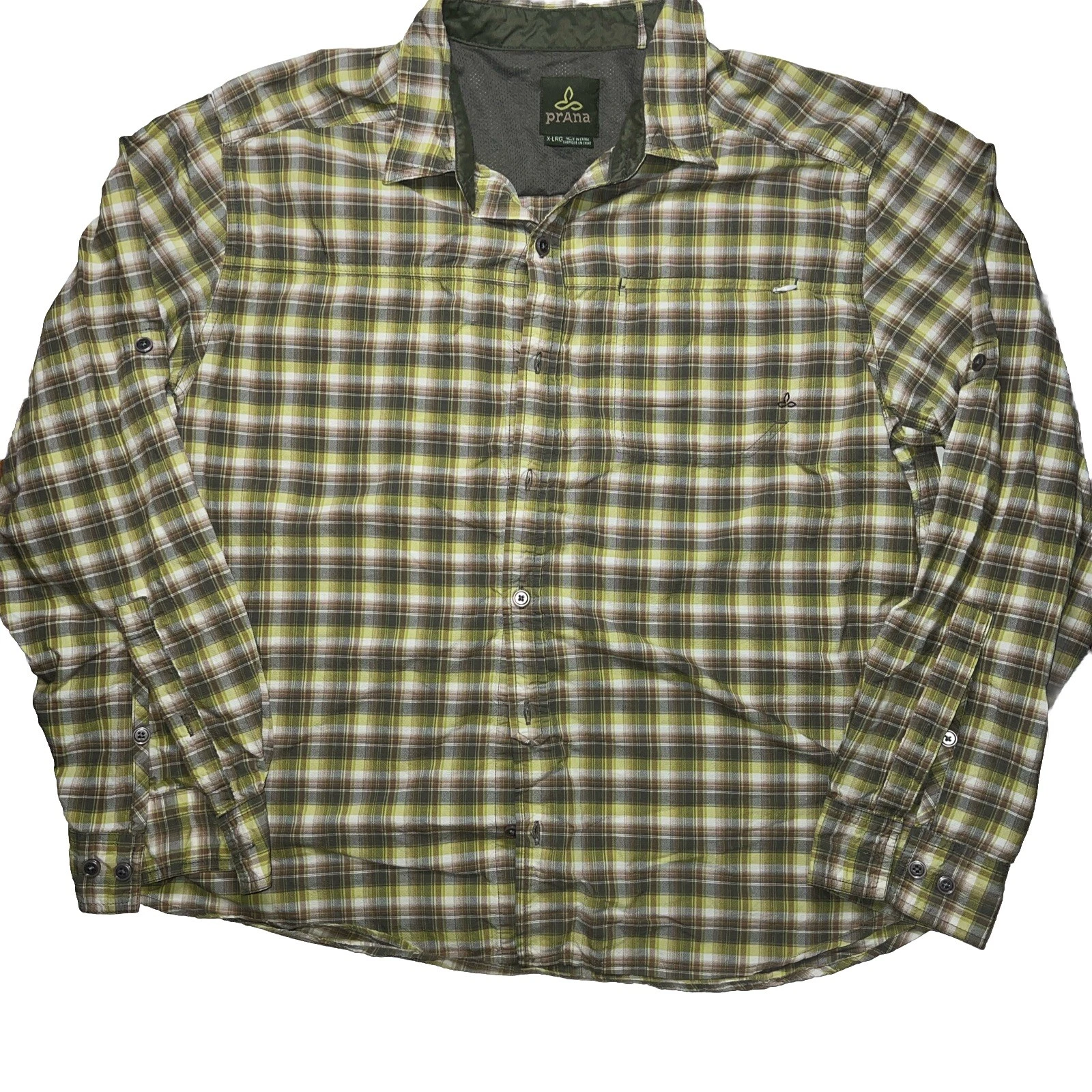 PRANA Shirt Men’s XL Green Tartan Plaid Long Sleeve Button Down ZipPocket