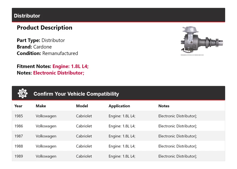 Para Volkswagen Cabriolet 1985-1989 1,8 L L4 Distribuidor Cardone 1986 1987 1988 Foto 2 de 4