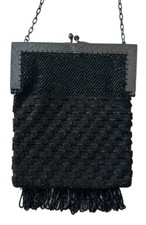 Victorian Evening Bag Black Beaded Metal Frame Check Flapper Small Shoulderbag