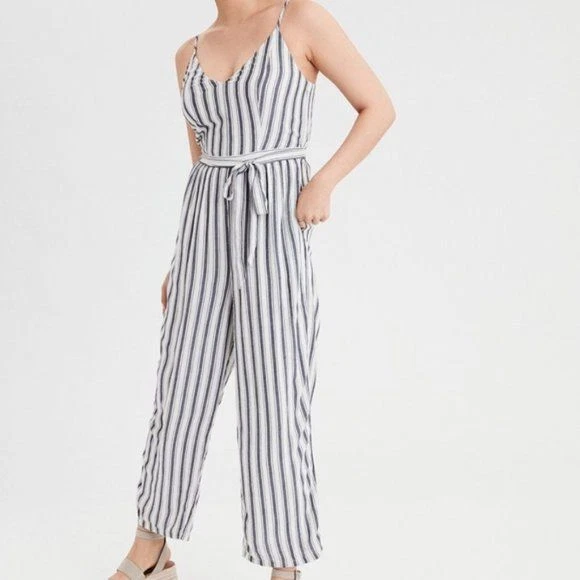 American eagle blue and white store striped jumpsuit