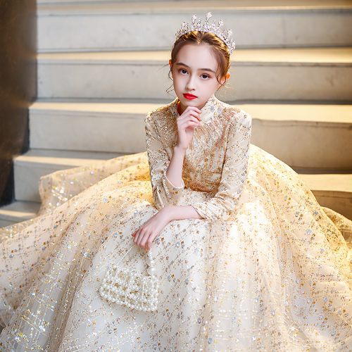 girls gold dress long sleeve Champagne Gold Flower Girl Gown Long Sleeve Vintage Dress Custom Size / Ivory