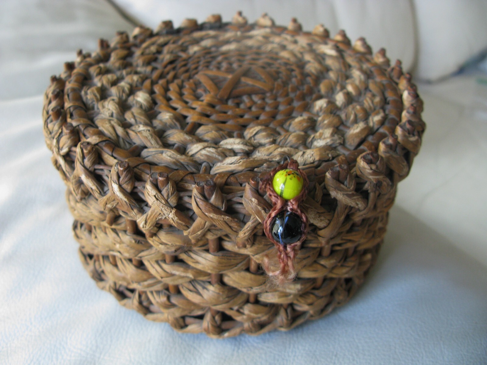 Antique Handmade Primitive Red Silk Lined Pin Cushion Lidded Sewing